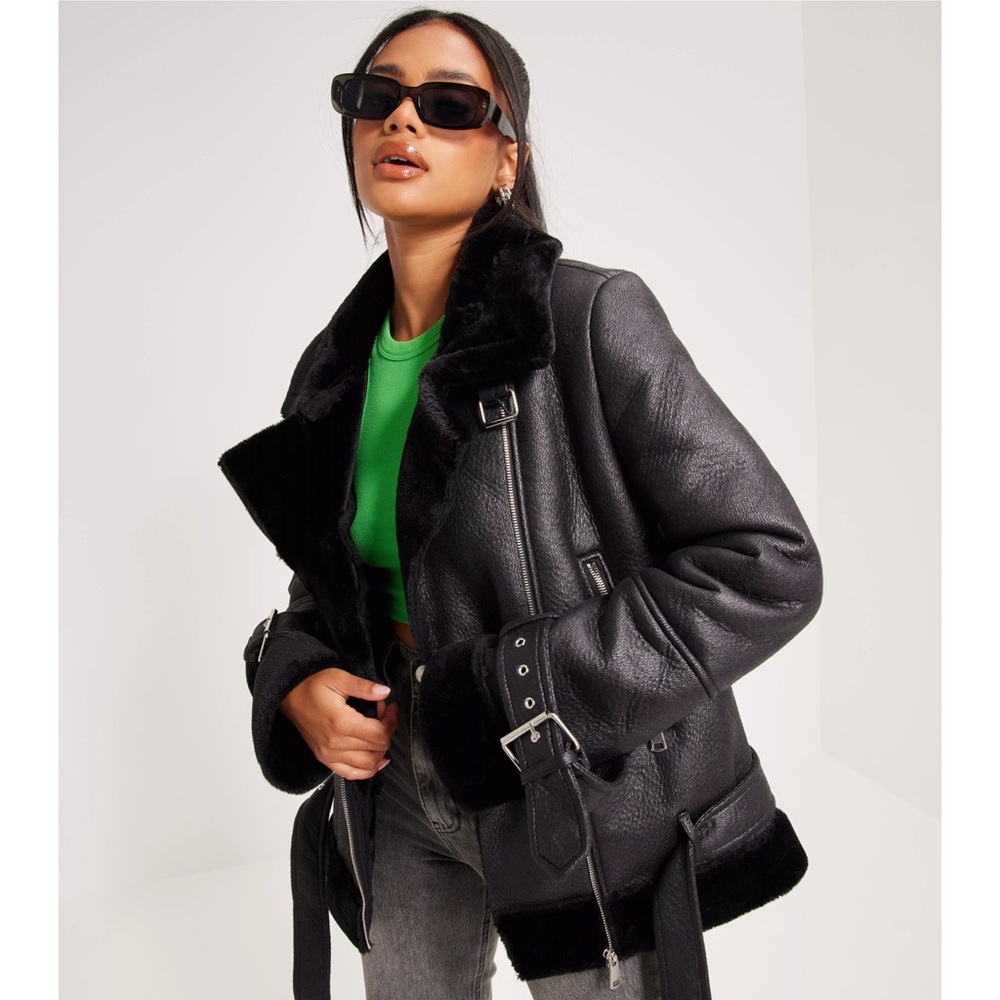 Missguided Black Faux Leather & Faux Fur Aviator Oversized Jacket, Size 0